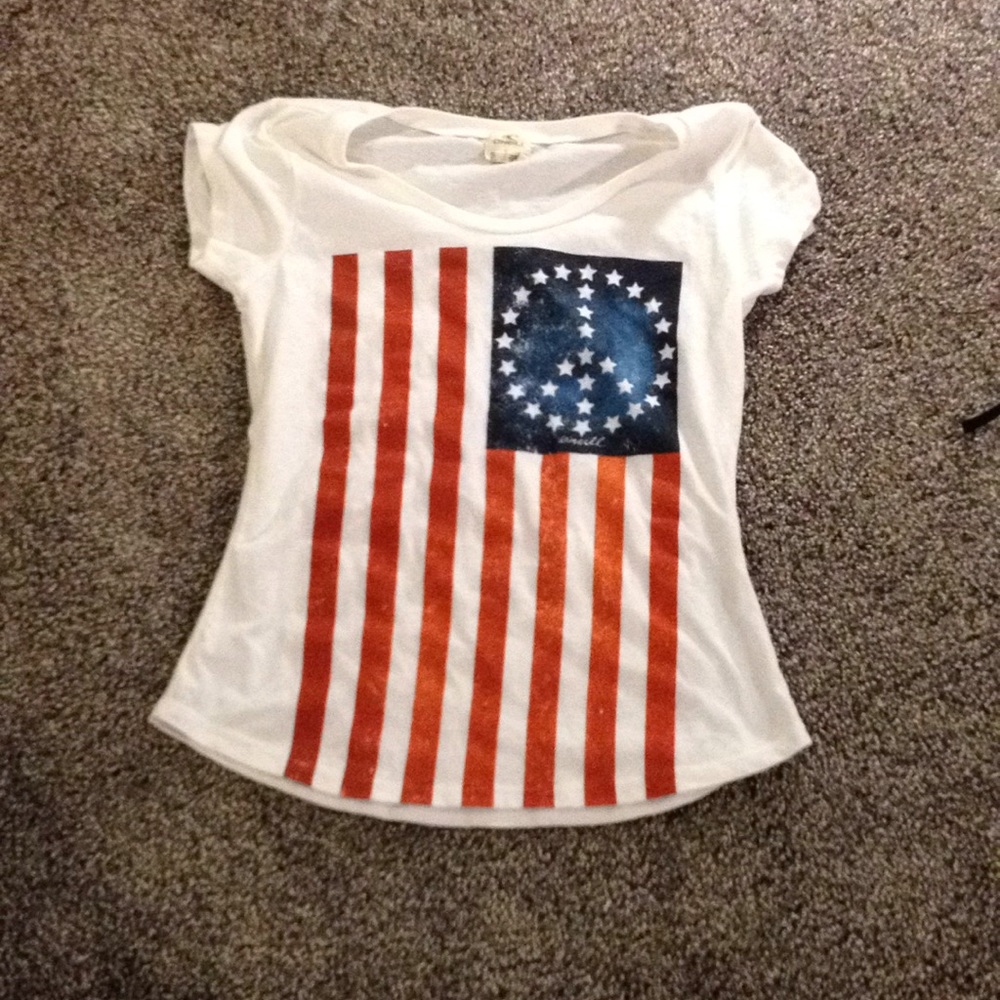 Red white and blue American flag shirt.